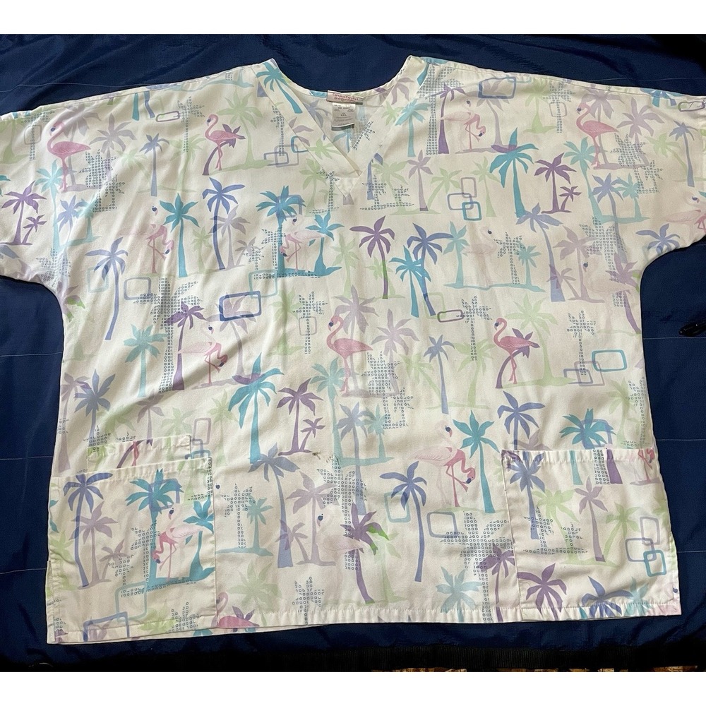 Cherokee Scrub Uniform Top Women's White Palm Trees & Flamingos 2X